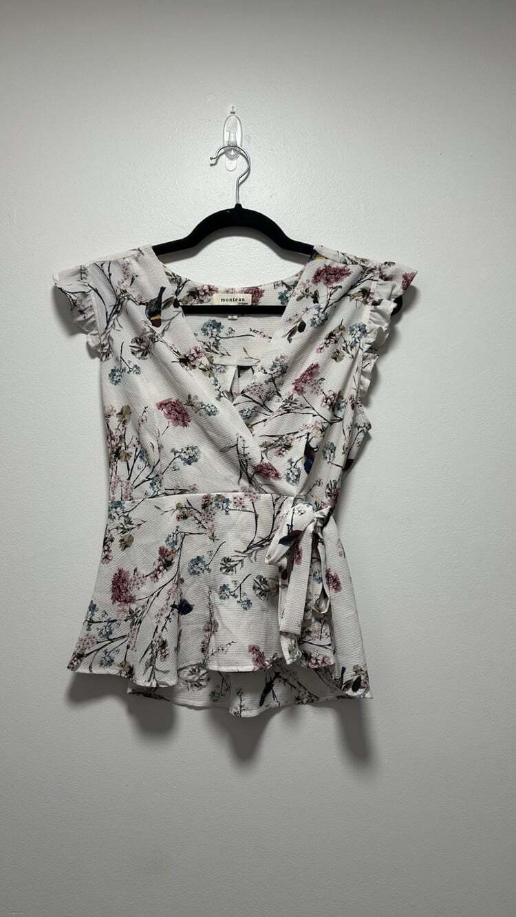 Monteau Los Angeles Women’s Wrap Top Cream Color With Bird And Floral Design L